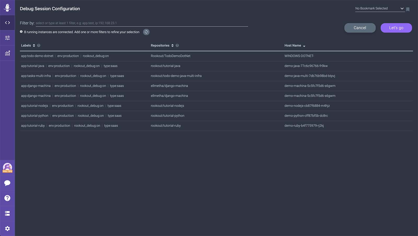 Debug Session Configuration Screen